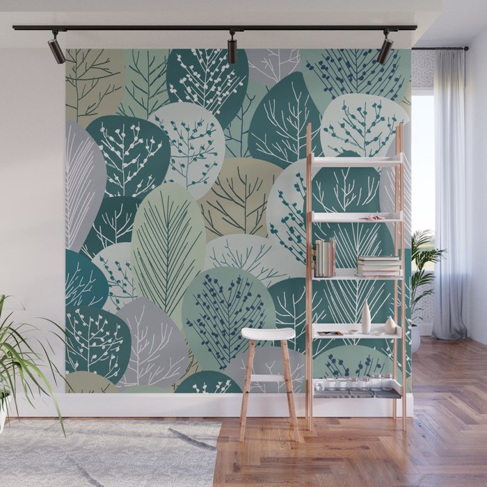 Forest Woodland Trees, Green, Floral Prints Wall Mural Gallery Image 1