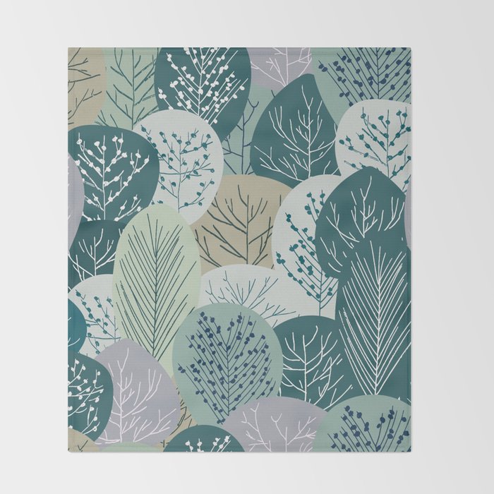 Forest Woodland Trees, Green, Floral Prints Throw Blanket Gallery Image 2