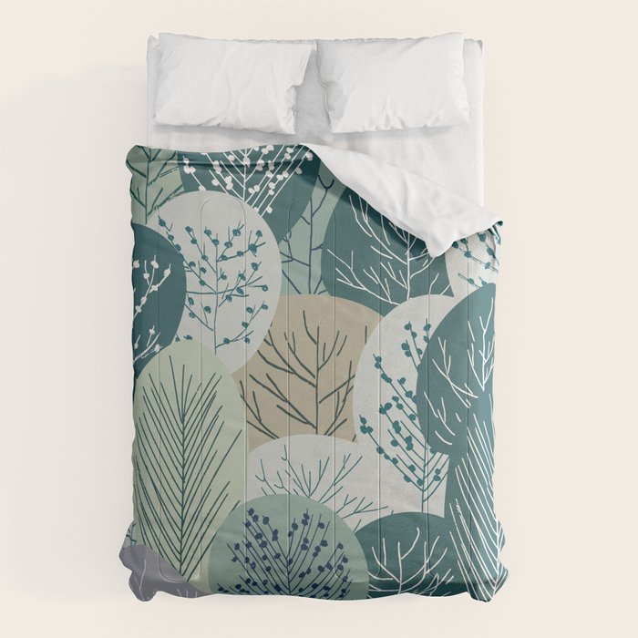 Forest Woodland Trees, Green, Floral Prints Comforter Gallery Image 1