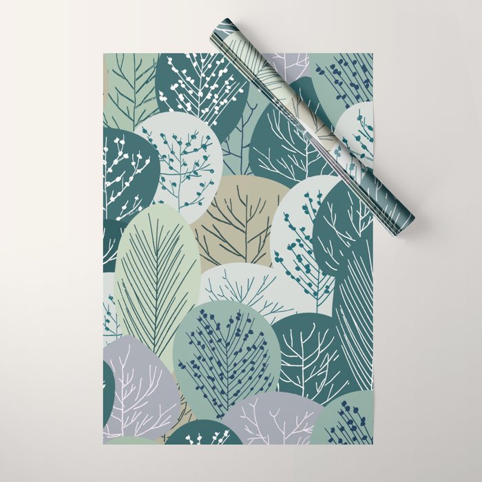 Forest Woodland Trees, Green, Floral Prints Wrapping Paper Gallery Image 1