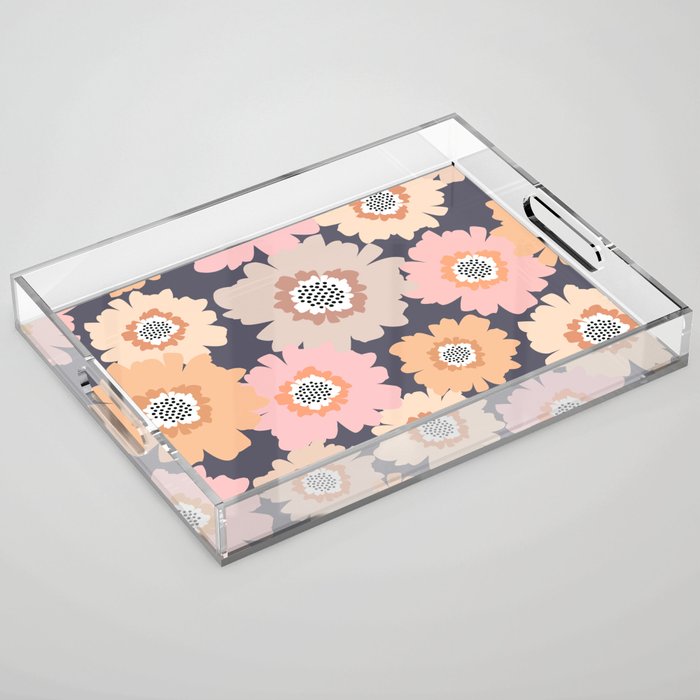 Retro Frilly Flowers in Pink and Orange Acrylic Tray Gallery Image 1