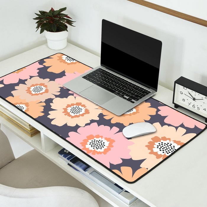 Retro Frilly Flowers in Pink and Orange Desk Mat Gallery Image 2