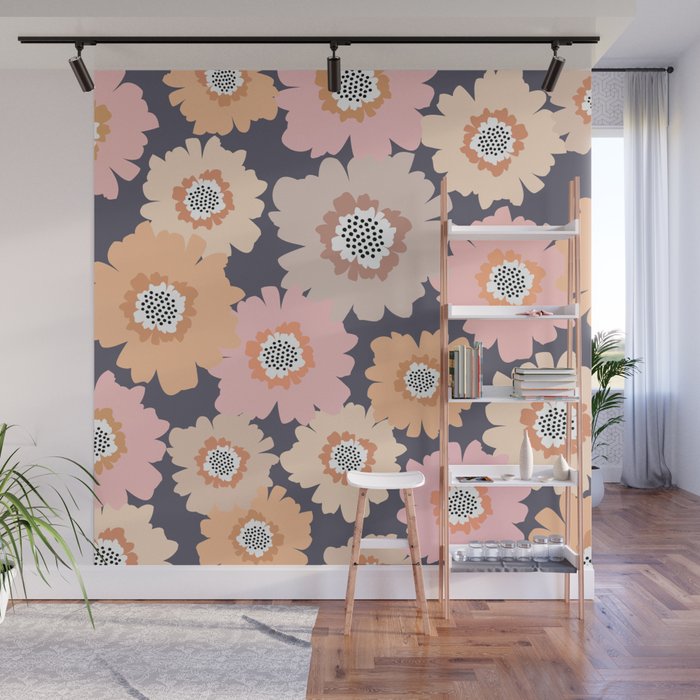 Retro Frilly Flowers in Pink and Orange Wall Mural Gallery Image 1
