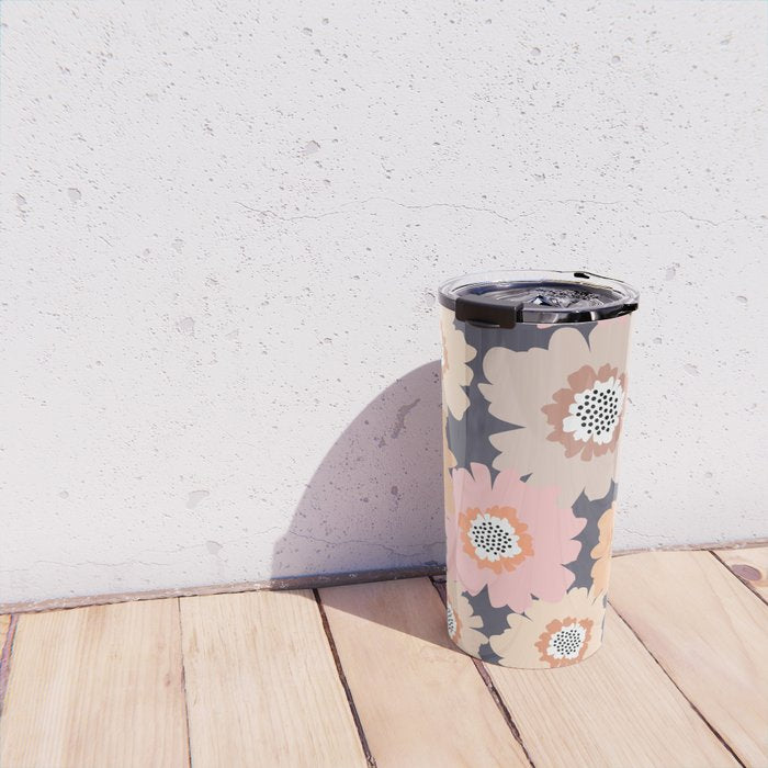 Retro Frilly Flowers in Pink and Orange Travel Mug Gallery Image 4