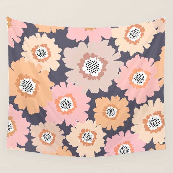 Retro Frilly Flowers in Pink and Orange Wall Tapestry Gallery Image 4