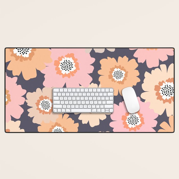 Retro Frilly Flowers in Pink and Orange Desk Mat Gallery Image 1