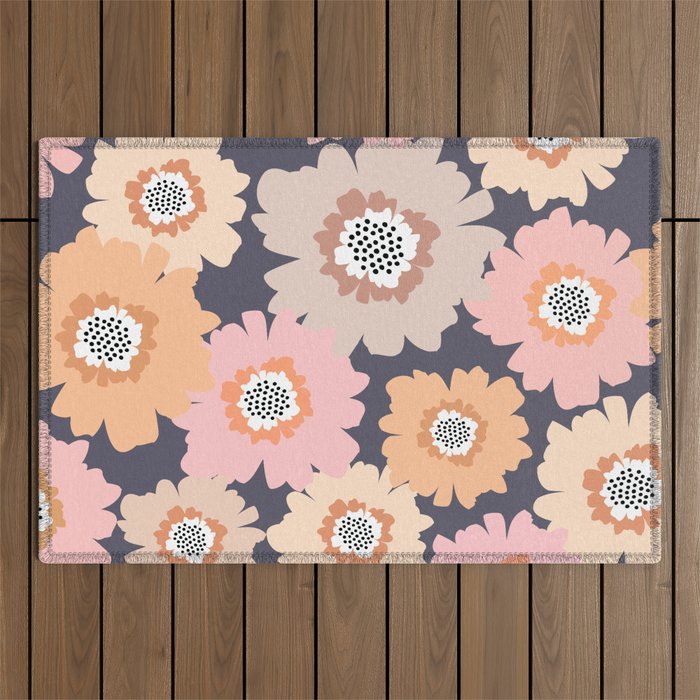 Retro Frilly Flowers in Pink and Orange Outdoor Rug Gallery Image 1