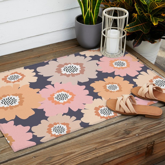 Retro Frilly Flowers in Pink and Orange Outdoor Rug Gallery Image 2