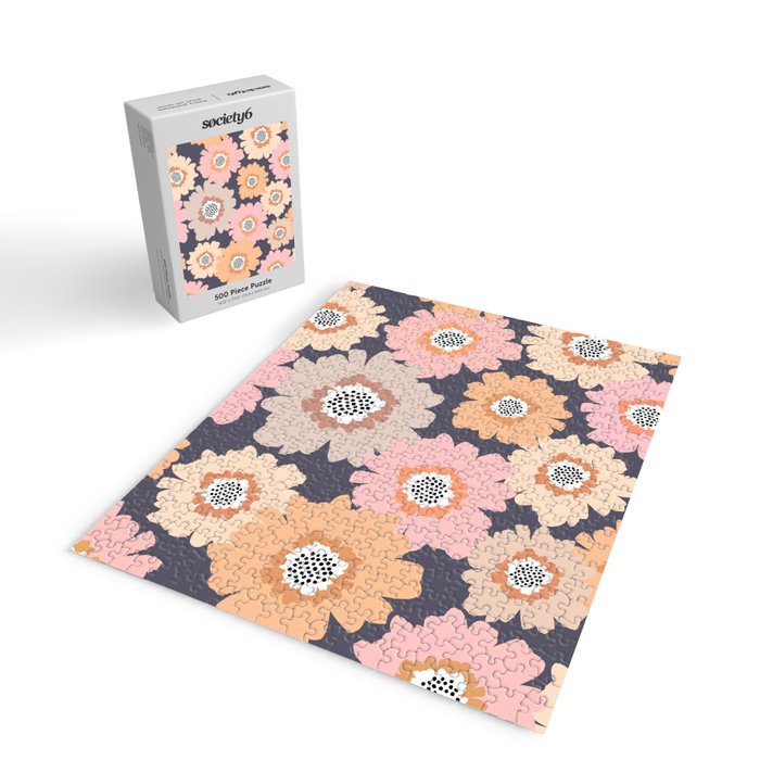 Retro Frilly Flowers in Pink and Orange Jigsaw Puzzle Gallery Image 2