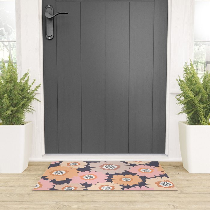 Retro Frilly Flowers in Pink and Orange Welcome Mat Gallery Image 3