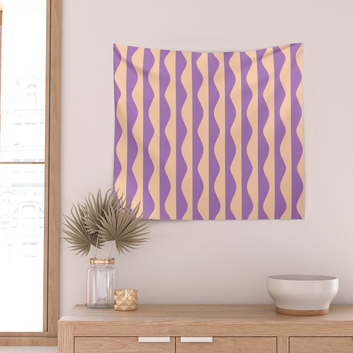 Retro Wavy Lines Pattern in Purple & Peach Wall Tapestry Gallery Image 2
