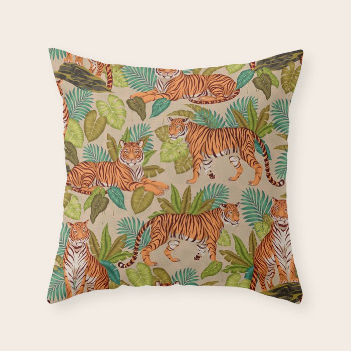 Jungle Tigers In Sand Brown Throw Pillow Gallery Image 6