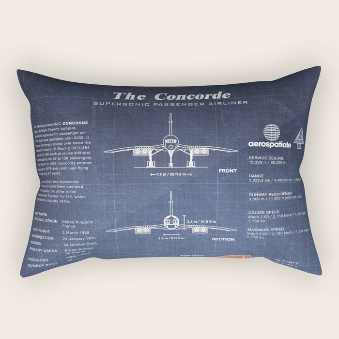 Concorde Supersonic Airliner Blueprint (dark blue) Rectangular Pillow Gallery Image 2