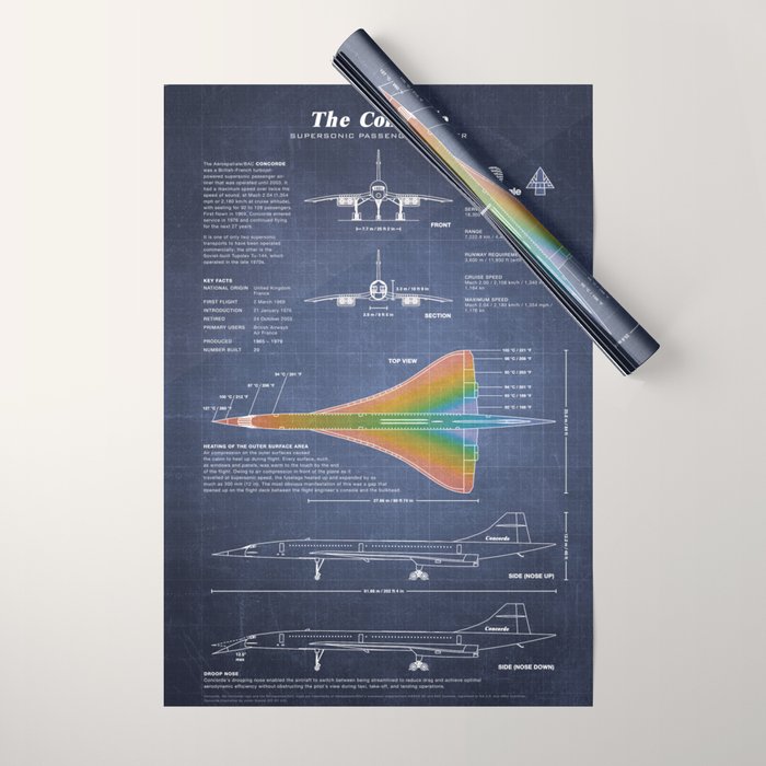 Concorde Supersonic Airliner Blueprint (dark blue) Wrapping Paper Gallery Image 1