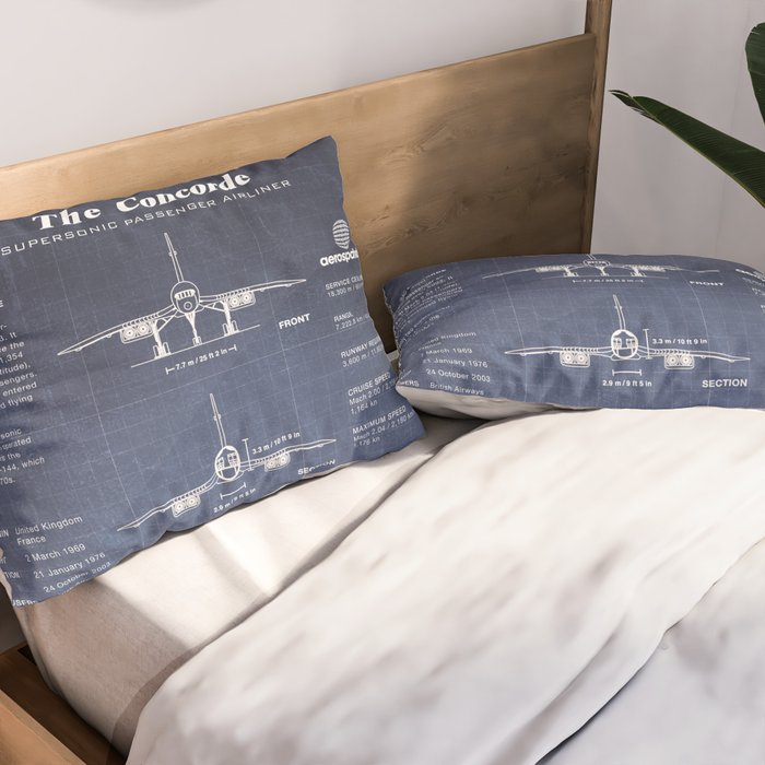 Concorde Supersonic Airliner Blueprint (dark blue) Pillow Sham Gallery Image 2