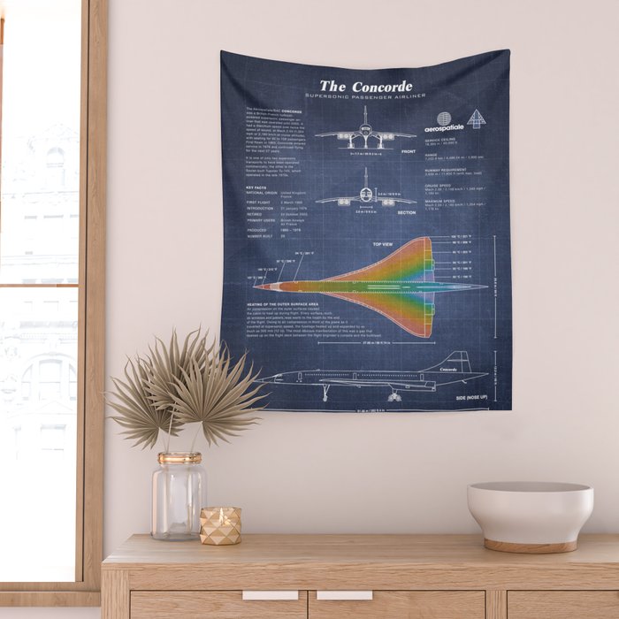 Concorde Supersonic Airliner Blueprint (dark blue) Wall Tapestry Gallery Image 2