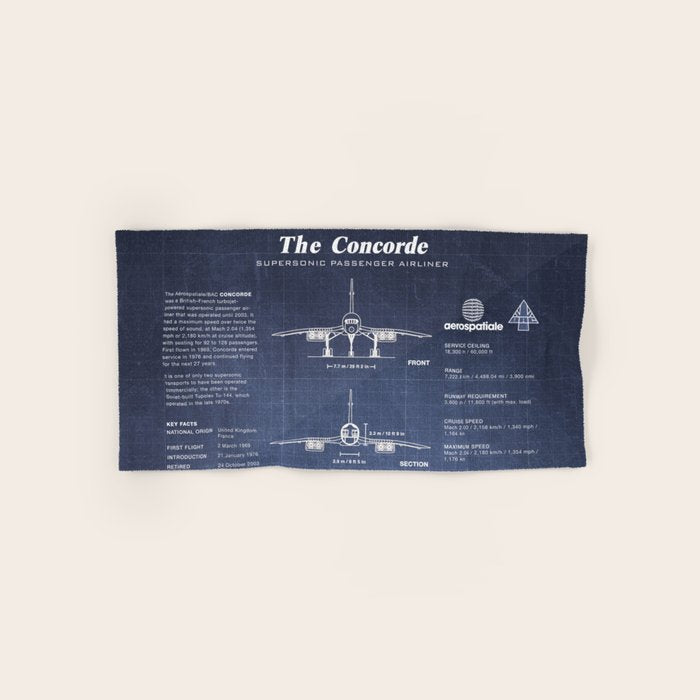 Concorde Supersonic Airliner Blueprint (dark blue) Bath Towel Gallery Image 1