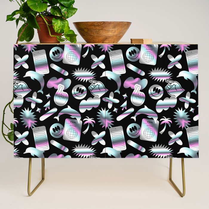 Trendy holographic y2k sticker pattern Credenza Gallery Image 1