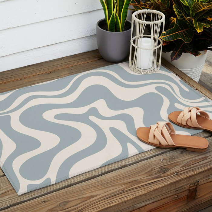 Liquid Swirl Retro Abstract Pattern in Light Blue-Gray and Cream Outdoor Rug Gallery Image 2