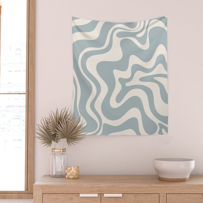 Liquid Swirl Retro Abstract Pattern in Light Blue-Gray and Cream Wall Tapestry Gallery Image 2