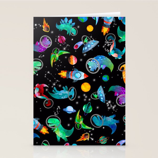 Dinosaur Astronauts In Space Watercolor Pattern Stationery Card Gallery Image 1