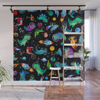 Dinosaur Astronauts In Space Watercolor Pattern Wall Mural Gallery Image 1