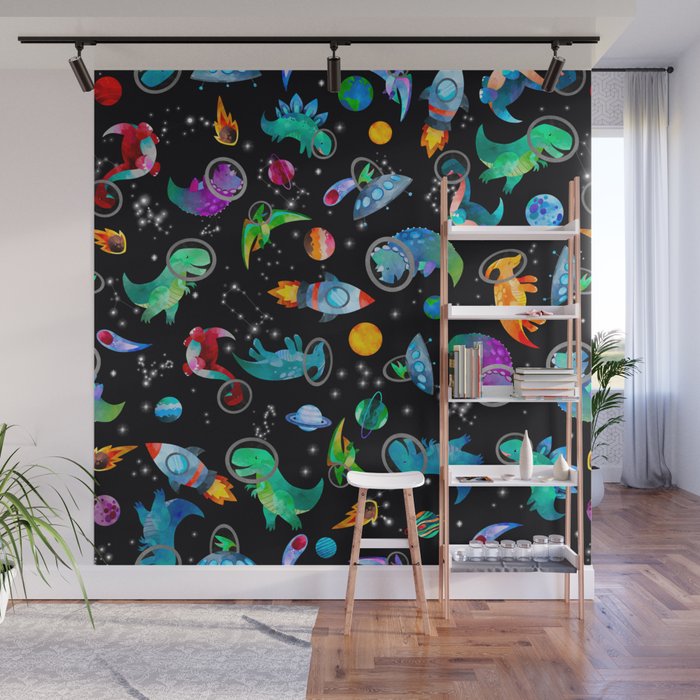 Dinosaur Astronauts In Space Watercolor Pattern Wall Mural Gallery Image 1