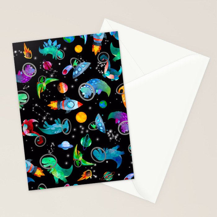 Dinosaur Astronauts In Space Watercolor Pattern Stationery Card Gallery Image 2