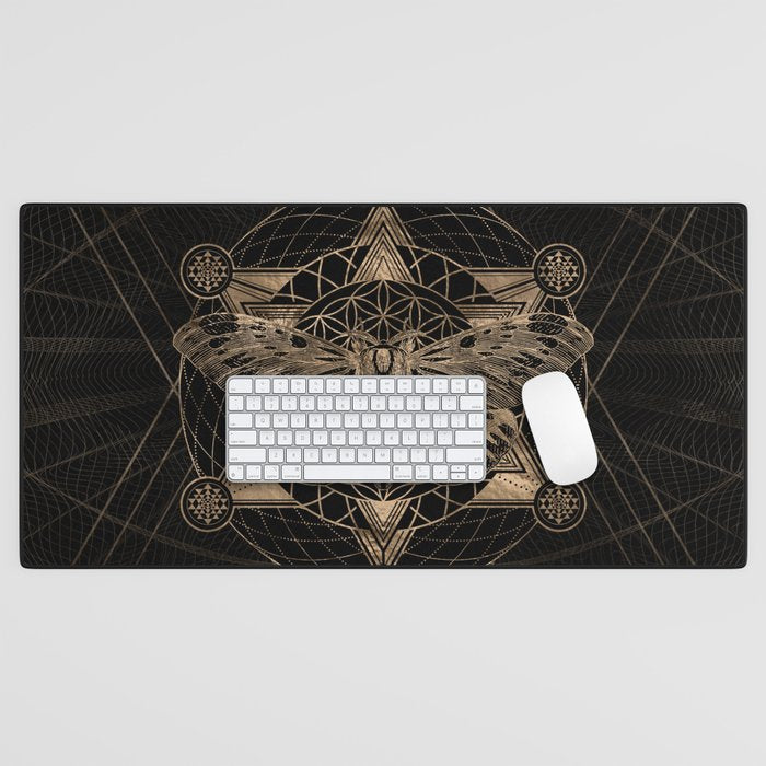 Regal moth in Sacred Geometry - Black and Gold Desk Mat Gallery Image 1
