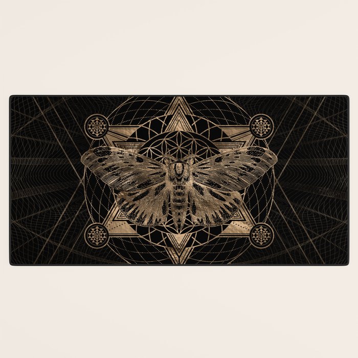 Regal moth in Sacred Geometry - Black and Gold Desk Mat Gallery Image 3