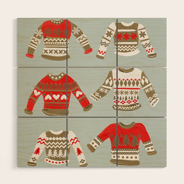 Christmas Sweaters - Vintage Gold & Red Palette Wood Wall Art Gallery Image 1