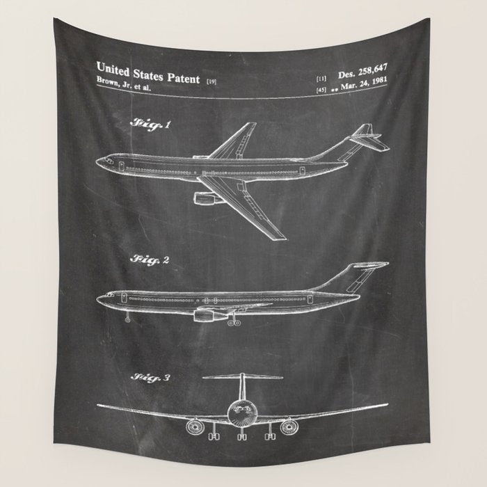 Boeing 777 Airliner Patent - 777 Airplane Art - Black Chalkboard Wall Tapestry Gallery Image 1