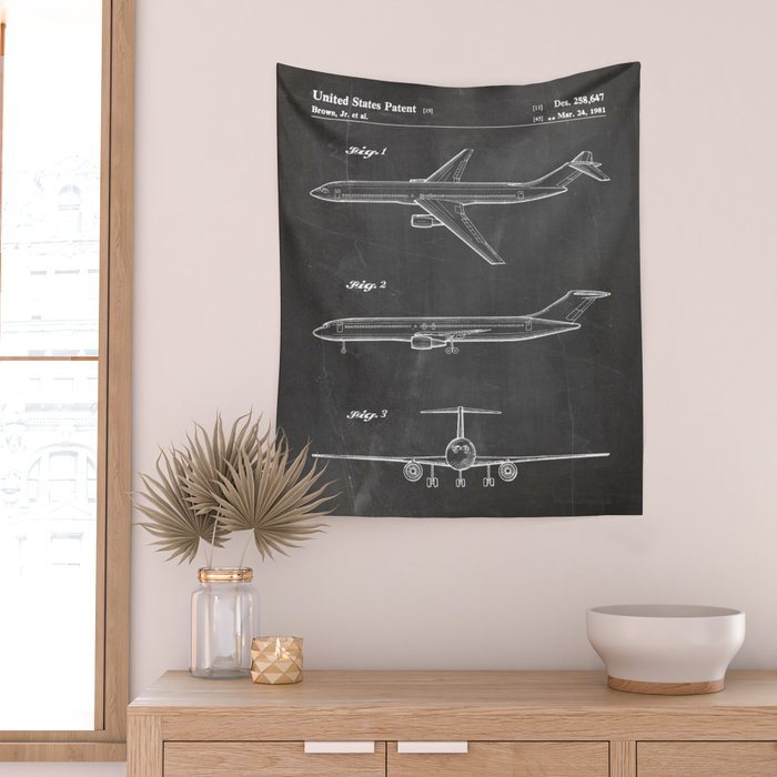 Boeing 777 Airliner Patent - 777 Airplane Art - Black Chalkboard Wall Tapestry Gallery Image 2