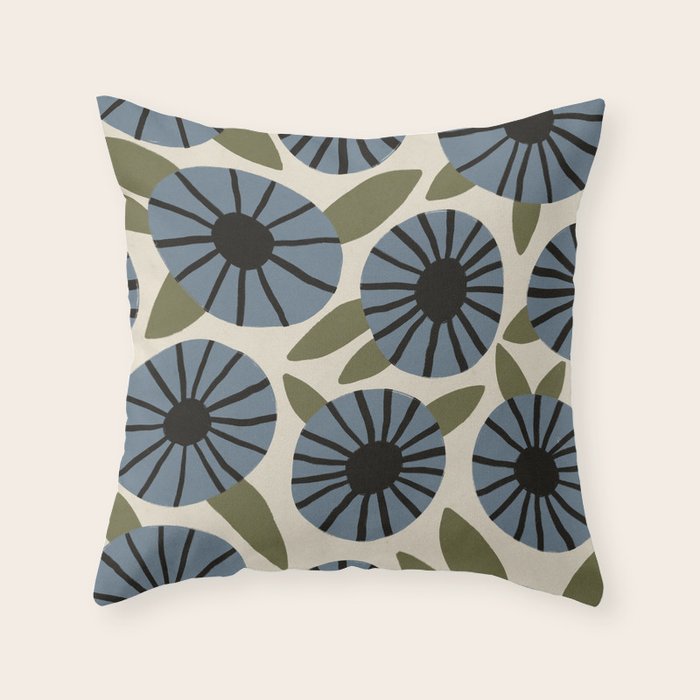 Floral Pattern / Slate Blue & Green Throw Pillow Gallery Image 1