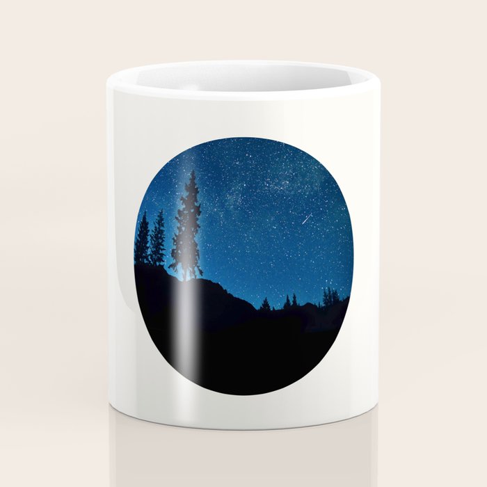 Mid Century Modern Round Circle Photo Blue Star Night Sky Pine Tree Silhouette Coffee Mug Gallery Image 4