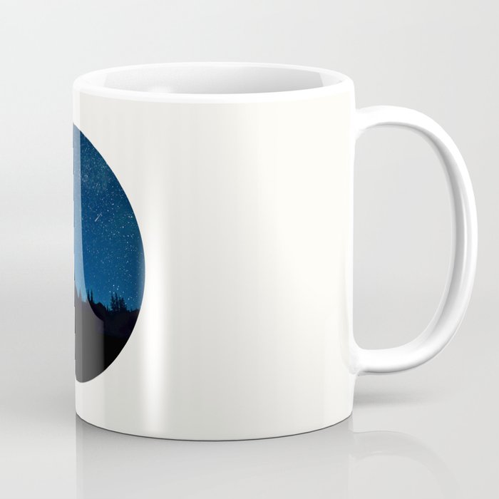 Mid Century Modern Round Circle Photo Blue Star Night Sky Pine Tree Silhouette Coffee Mug Gallery Image 1