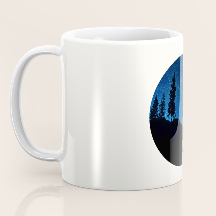Mid Century Modern Round Circle Photo Blue Star Night Sky Pine Tree Silhouette Coffee Mug Gallery Image 3
