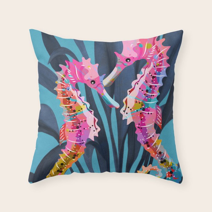 Colorful Seahorses Art 1 Throw Pillow Gallery Image 1