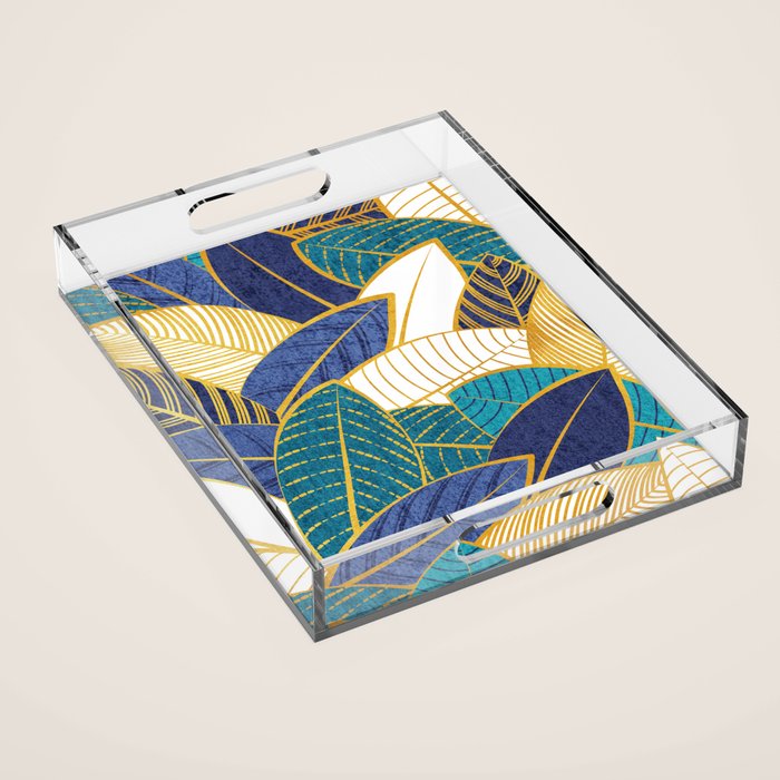 Leaf wall // navy blue royal blue and teal leaves golden lines Acrylic Tray Gallery Image 1