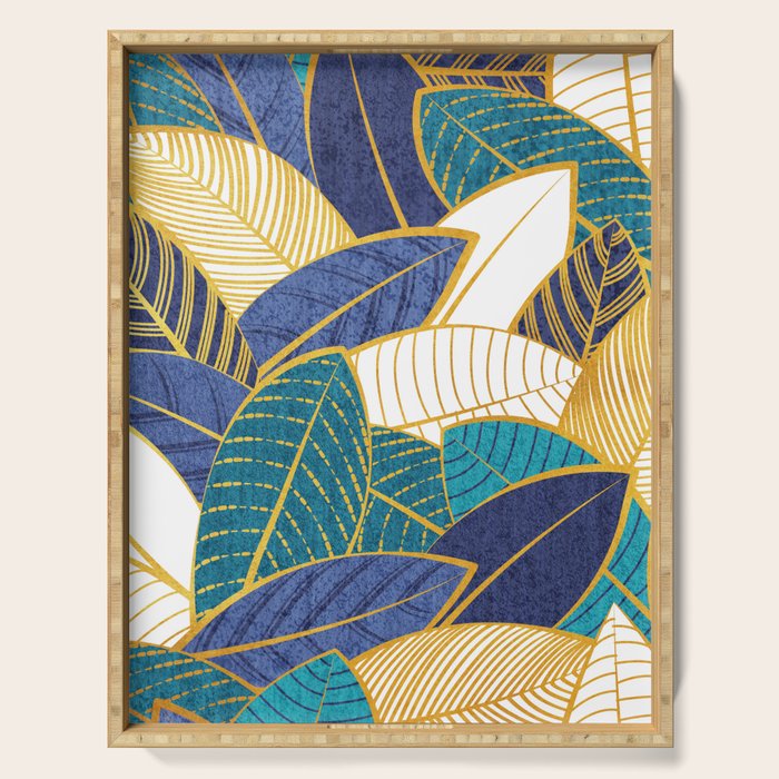 Leaf wall // navy blue royal blue and teal leaves golden lines Serving Tray Gallery Image 1