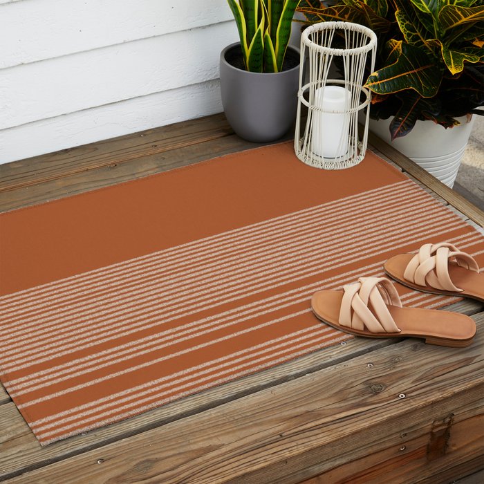 Organic Stripes in Putty and Clay Terracotta Rust Outdoor Rug Gallery Image 2