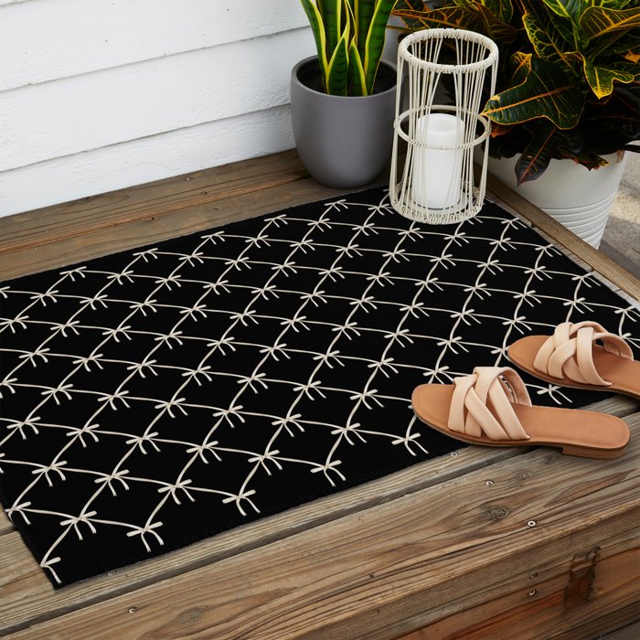 Bows & Ribbons Pattern XLVII Black and White Outdoor Rug Gallery Image 2