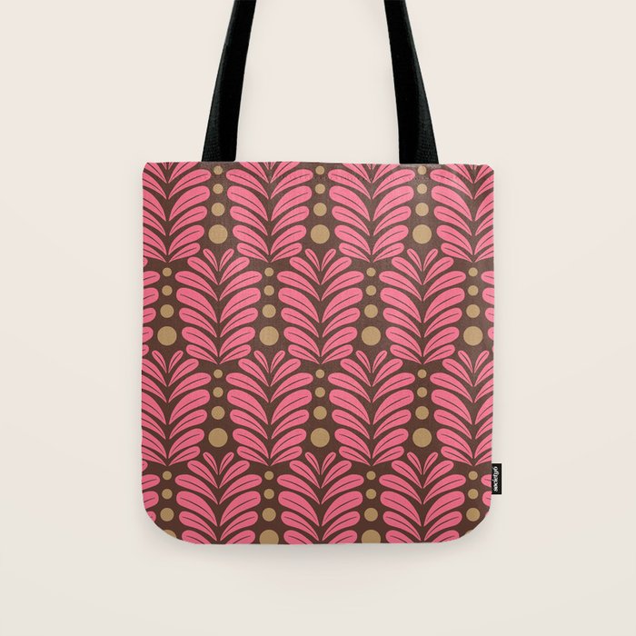 Pink and Brown Botanical Scalloped Art Deco Pattern Tote Bag Gallery Image 1