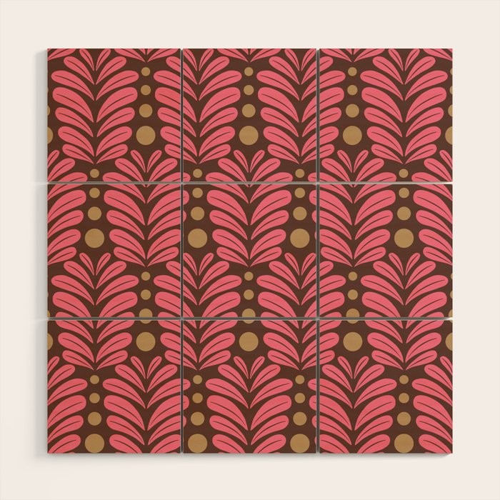 Pink and Brown Botanical Scalloped Art Deco Pattern Wood Wall Art Gallery Image 1