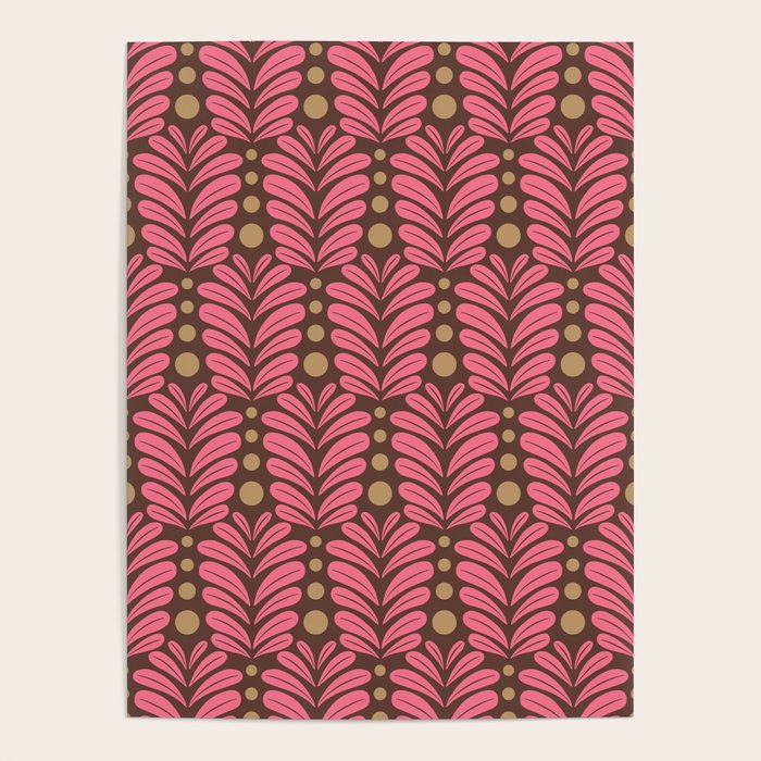 Pink and Brown Botanical Scalloped Art Deco Pattern Poster Gallery Image 1