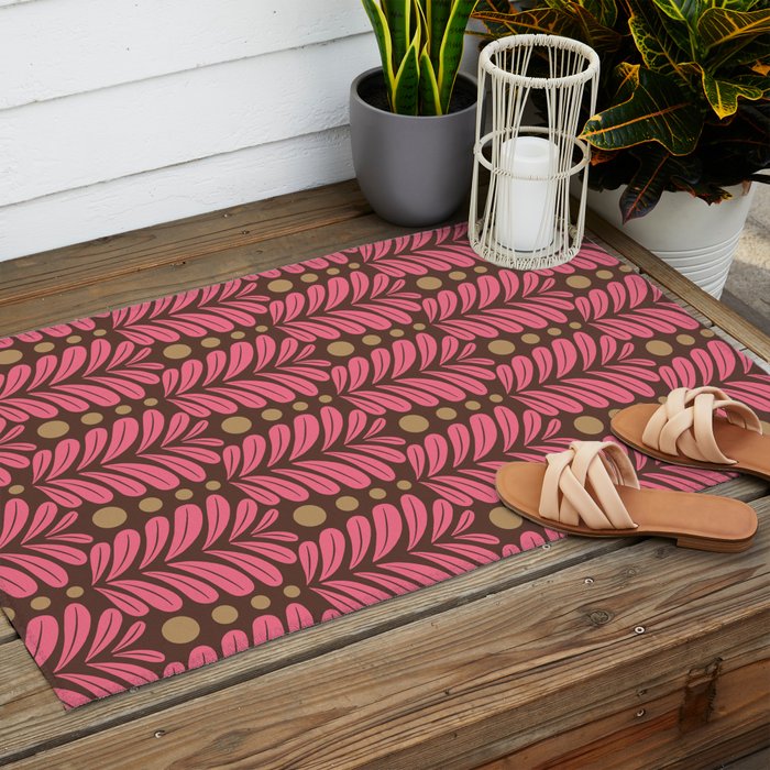 Pink and Brown Botanical Scalloped Art Deco Pattern Outdoor Rug Gallery Image 2