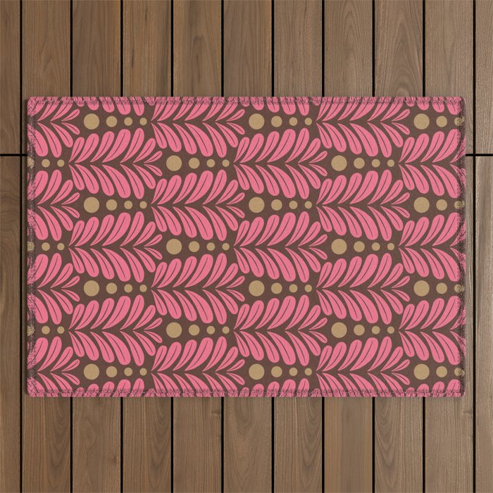 Pink and Brown Botanical Scalloped Art Deco Pattern Outdoor Rug Gallery Image 1