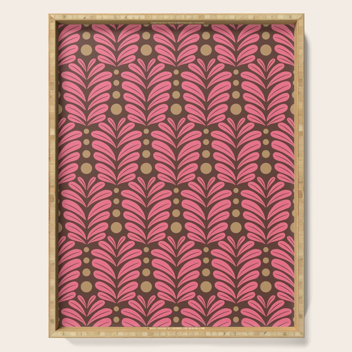 Pink and Brown Botanical Scalloped Art Deco Pattern Serving Tray Gallery Image 1