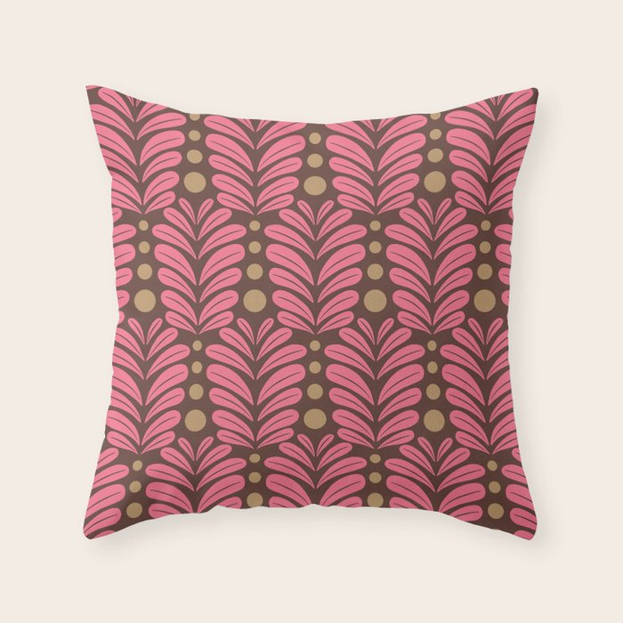 Pink and Brown Botanical Scalloped Art Deco Pattern Throw Pillow Gallery Image 1