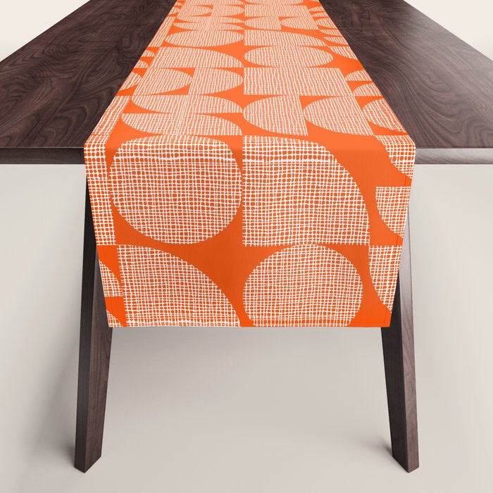 Mid Century Modern Geometric Textured Shapes Orange And White Table Runner Gallery Image 1